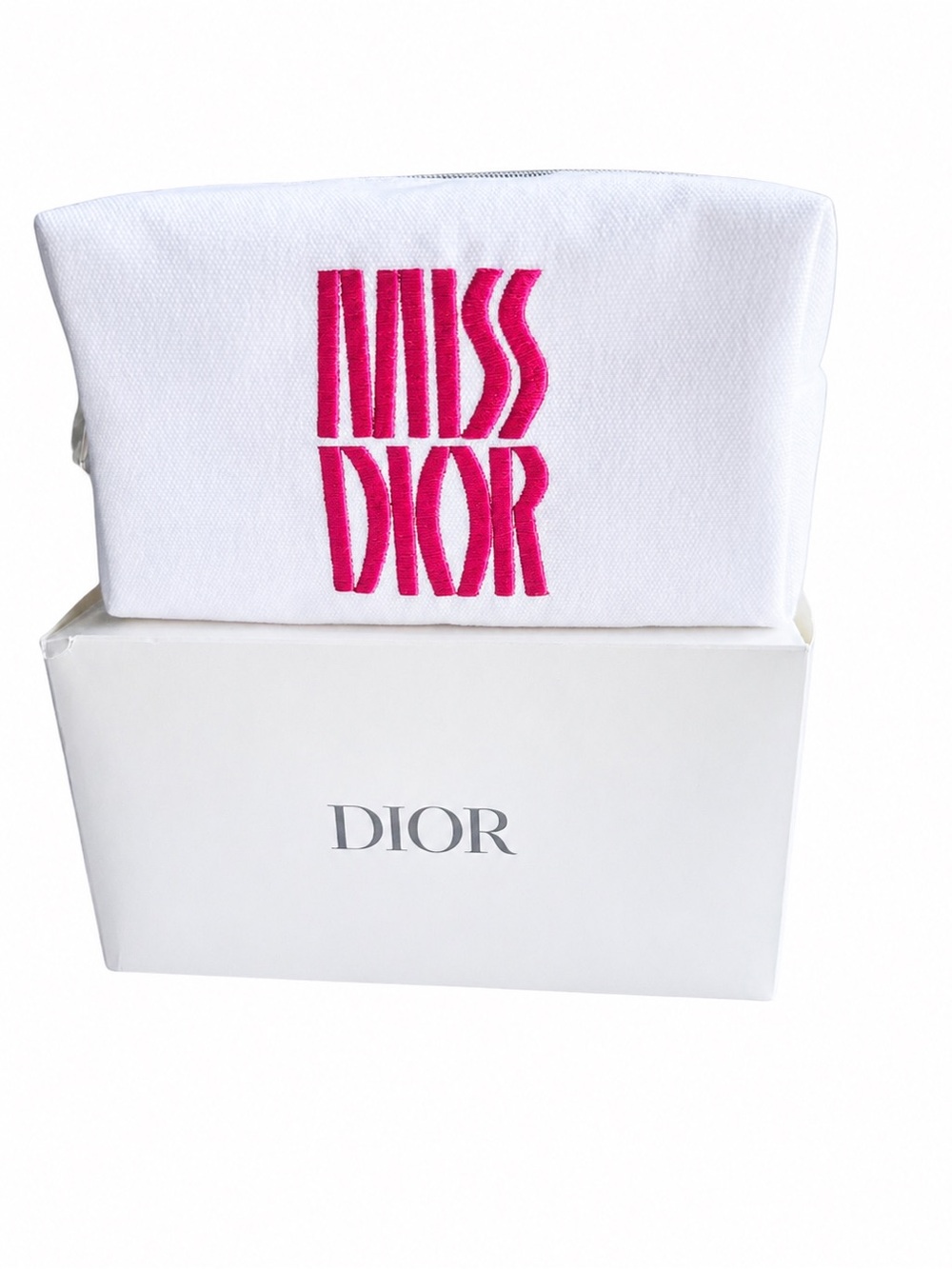 Miss Dior White Cosmetic Makeup Bag Hot Pink Embroidered Logo Dior Box